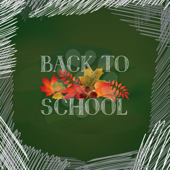 Back to school. Banner with autumn leaves over green chalkboard background. Vector.