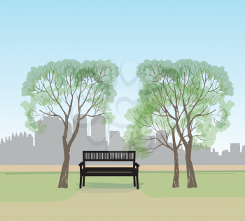 Bench in city park. Trees and plants skyline. Landscape with bench. Cityscape vector illustration