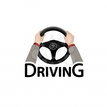 Drive a car sign. Diver design element with hands holding steering wheel. Vector icon.