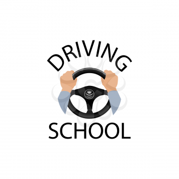 Driving school sign. Diver design element with hands holding steering wheel. Vector icon.