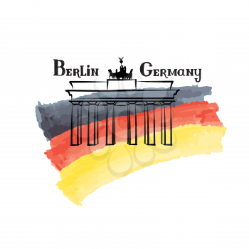 Travel Germany label Berlin famous building Brandenburg gates German flag with Berlin landmark Grunge painted Germany flag with handwritten typing background