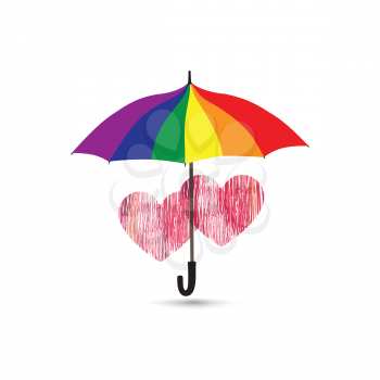 Love heart sign over rainbow colored umbrella. Two hearts in love icon isolated over white background