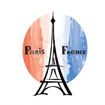 Travel France label Paris famous building Eiffel tower French flag with Paris landmark Grunge painted France flag with handwritten typing background