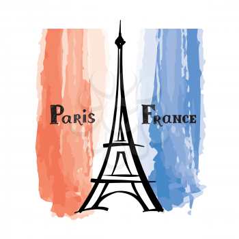 Travel France label Paris famous building Eiffel tower French flag with Paris landmark Grunge painted France flag with handwritten typing background