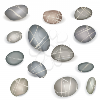 Set of pebbles and natural stones of different shapes and colors. With examples of use