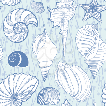 Seashell seamless pattern. Summer holiday marine background. Underwater ornamental textured sketching wallpaper with sea-shells, sea star and sand.