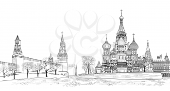 Red square view, Moscow, Russia.  Travel Russia vector illustration. Russian famous place. Kremlin city view from Moscow river. St Basil cathedral, towers and wall citsycape