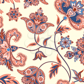 Floral  pattern. Flourish retro background. Branch with fantastic flowers, leaves and berries. Wonderland motives of the paintings of ancient Indian fabric patterns.