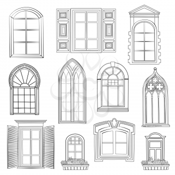 Window set. Different architectural style of windows doodle sketch stylish collection