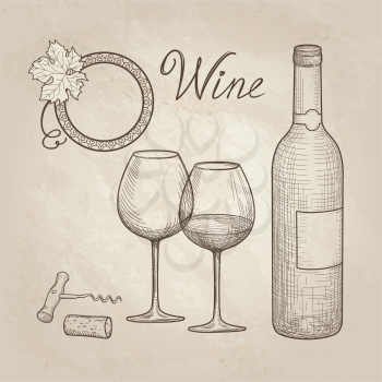 Wine set. Wine glass, bottle, grape, lettering. Cafe menu. Wine card sketch