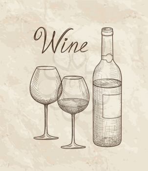Wine set. Wine glass, bottle, handwritten lettering. Vineyard sketch style retro banner wallaper