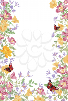 Floral background. Decorative summer flower frame. Tropical bouquet with leaves and butterfly