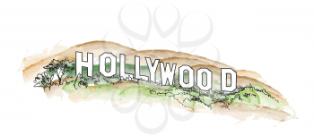 Hollywood sign watercolor illustration. Hollywood hill  landscape view