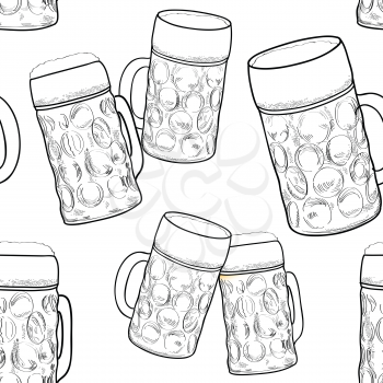 Beer glass seamless pattern. Engraving background with beer mug.