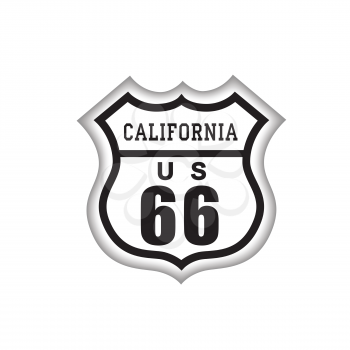 Travel USA sign. Route 66 label with California lettering. American road icon