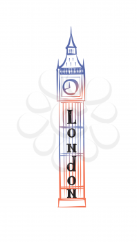 London sign hand lettering. British jack flag colored Big Ben tower