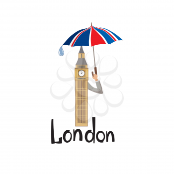London sign hand lettering. British jack flag colored umbrella and Big Ben tower