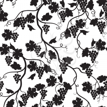 Floral tiled pattern with grape branch silhouette. Wineyard wallpaper. Garden background