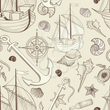 Marine life seamless pattern. Sailing ship, Seashell, anchor, compass. Ocean  background