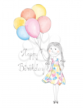 Girl with balloons. Happy birthday greeting card. Holiday greeting hand drawn poster with handwritten lettering HAPPY BIRTHDAY