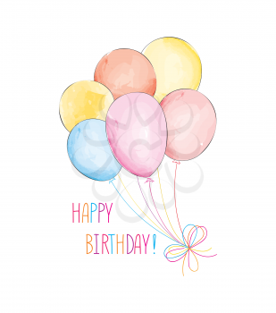 Happy birthday greeting card  with balloons. Birthday ballons with handwritten lettering. Holday background