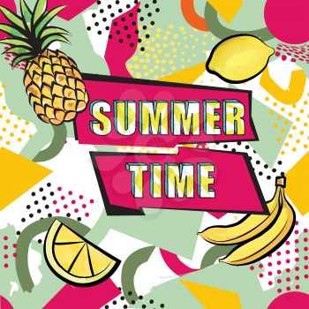 Summer time card. Abstract Geometric dotted pattern with fruits in 1980s style.