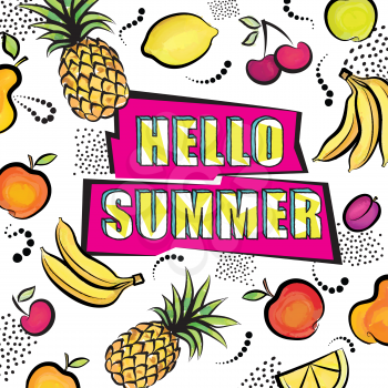 Hello summer card background in 80s style over painted tropical fuit set dotted pattern with pop art lettering