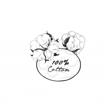 Cotton label. Natural material sign with flower cotton. Hand drawn floral frame