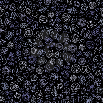Flower icon seamless pattern. Floral leaves, flowers. Black ornamental background