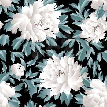 Floral seamless pattern with flowers and leaves over black background. Hand drawn fabric ornamental background. Floral decor design