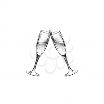 Drink champagne sign. Christmas party icon with clinking wine glasses. Hand drawn holiday card design