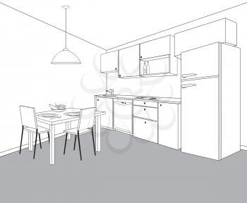 Interior sketch of kitchen room. Outline blueprint design of kitchen with modern furniture and dining table