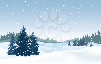 Christmas snowfall background. Snow winter landscape. Merry Christmas skyline. Winter nature holiday greeting card design.