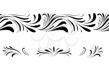 Swirl floral seamless pattern design element set. Ornamental flourish border over white  background. 