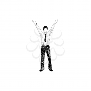 Man with hands up. Hans drawn vector illustration of businessman over white background