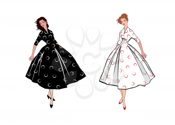 Stylish fashion dressed girls (1950's 1960's style): Retro fashion dress party. Summer clothes vintage woman fashion silhouette from 60s. Two women in summer holiday dress.