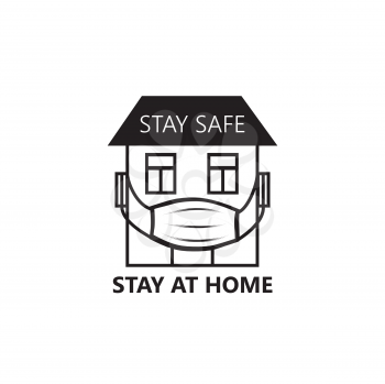 Quarantine sign. Crestative symbol with house, wearing medical mask and lettering Stay home, Stay safe over white background.