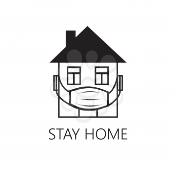 Quarantine sign. Crestative symbol with house, wearing medical mask and lettering Stay home, Stay safe over white background.