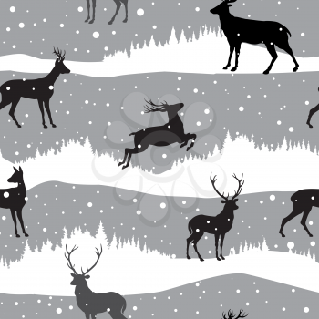 Snow winter landscape with deers. Illustration of winter forest skyline seamless pattern with snowfall. Snow winter holiday background.