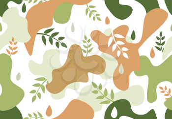 Seamless pattern with organic shape blots in memphis style. Stylish floral painted wallpaper with leaves. Summer nature tile background