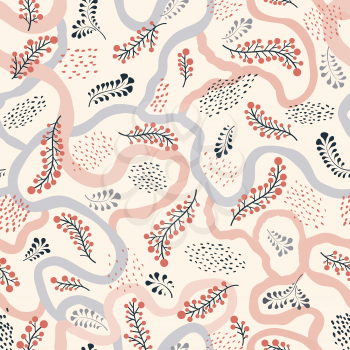 Floral dotted seamless pattern with autumnal berries. Fall nature ornamental drawn background. Flourish garden abstract backdrop with chaotic flowing wriggling lines