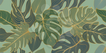 Floral seamless pattern with tropical leaves and flowers. Nature lush background. Flourish ornamental garden texture with line art palm leaves. Artistic drawn background