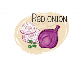 Red onion icon. Full and sliced onion isolated on white background with lettering Red onion. Vegetable stylish drawn symbol onion 