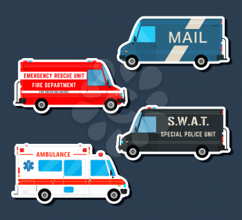 Set various city urban traffic vehicles icons. Mail delivery van, ambulance truck, fire department car, swat police bus isolated. Side view. Vector illustration.
