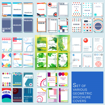 Trendy various geometric covers brochure or flyer template. Set of flyer brochure design templates. Vector illustration.