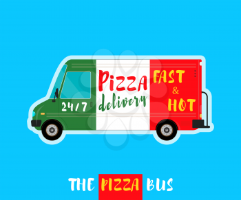 Pizza bus isolated. Food delivery truck. Delivery van. Commercial service vehicle. Side view. Vector illustration