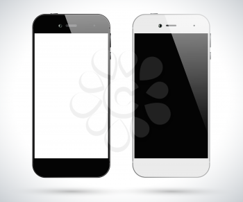 Black and white smartphones. Smartphone front view isolated. Vector design smart phones. Vector illustration.