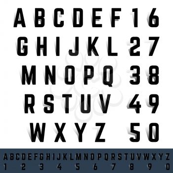 Alphabet font with shadow. Letters and numbers template. Vector illustration.