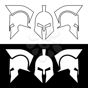 Ancient roman or greek helmet. Helmets front and side view, silhouette line design. Vector illustration.