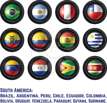 Set of Camera Lens with South American Flags. Vector design.